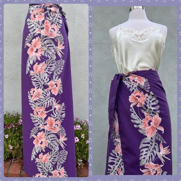 Vintage Helena's Purple Tropical Floral Hawaiian Maxi Sarong Wrap Skirt On Size - Picture 3 of 6